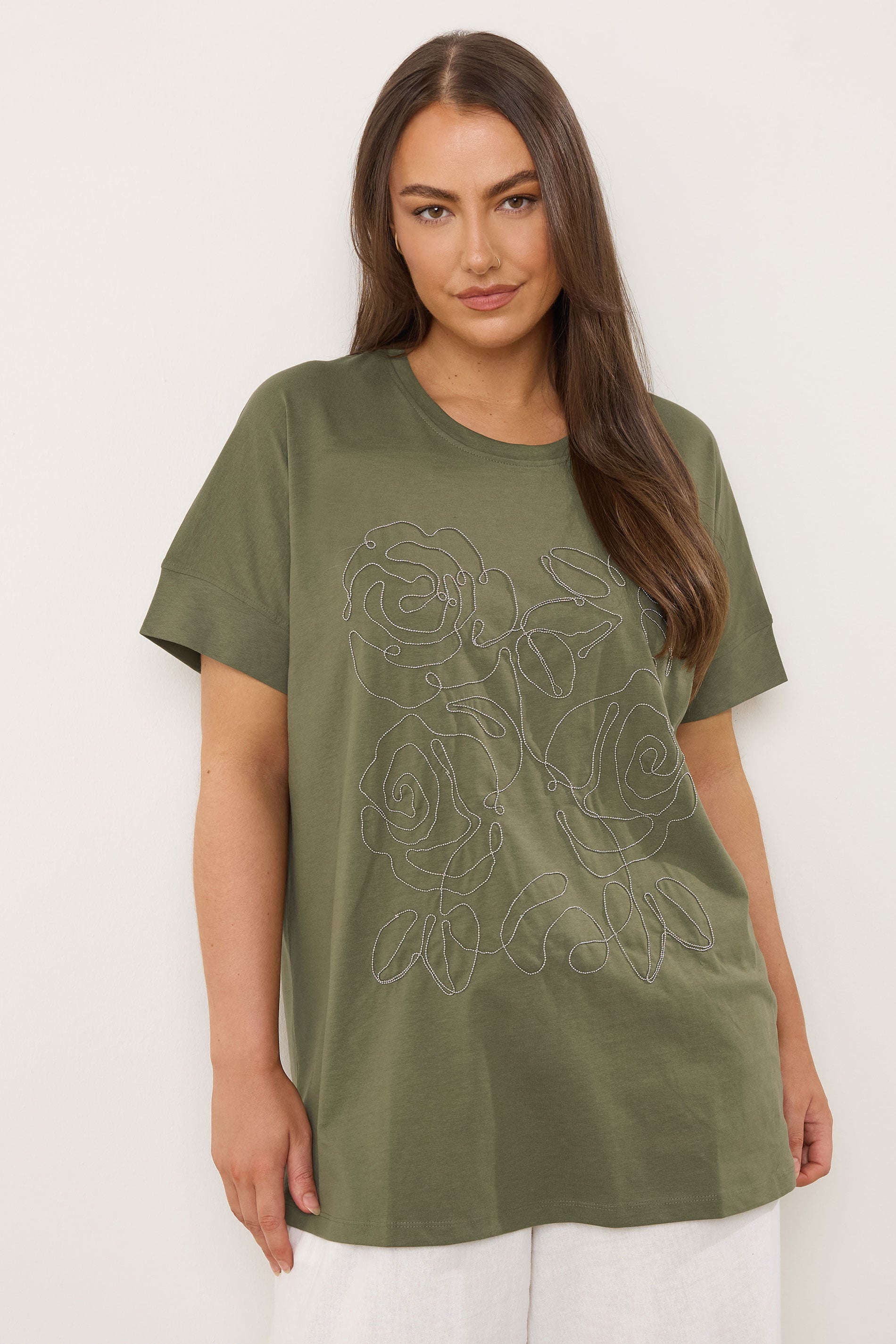Evans Women's Green Plus Khaki Floral Chain Detail Cotton Tshirt Size 30-32