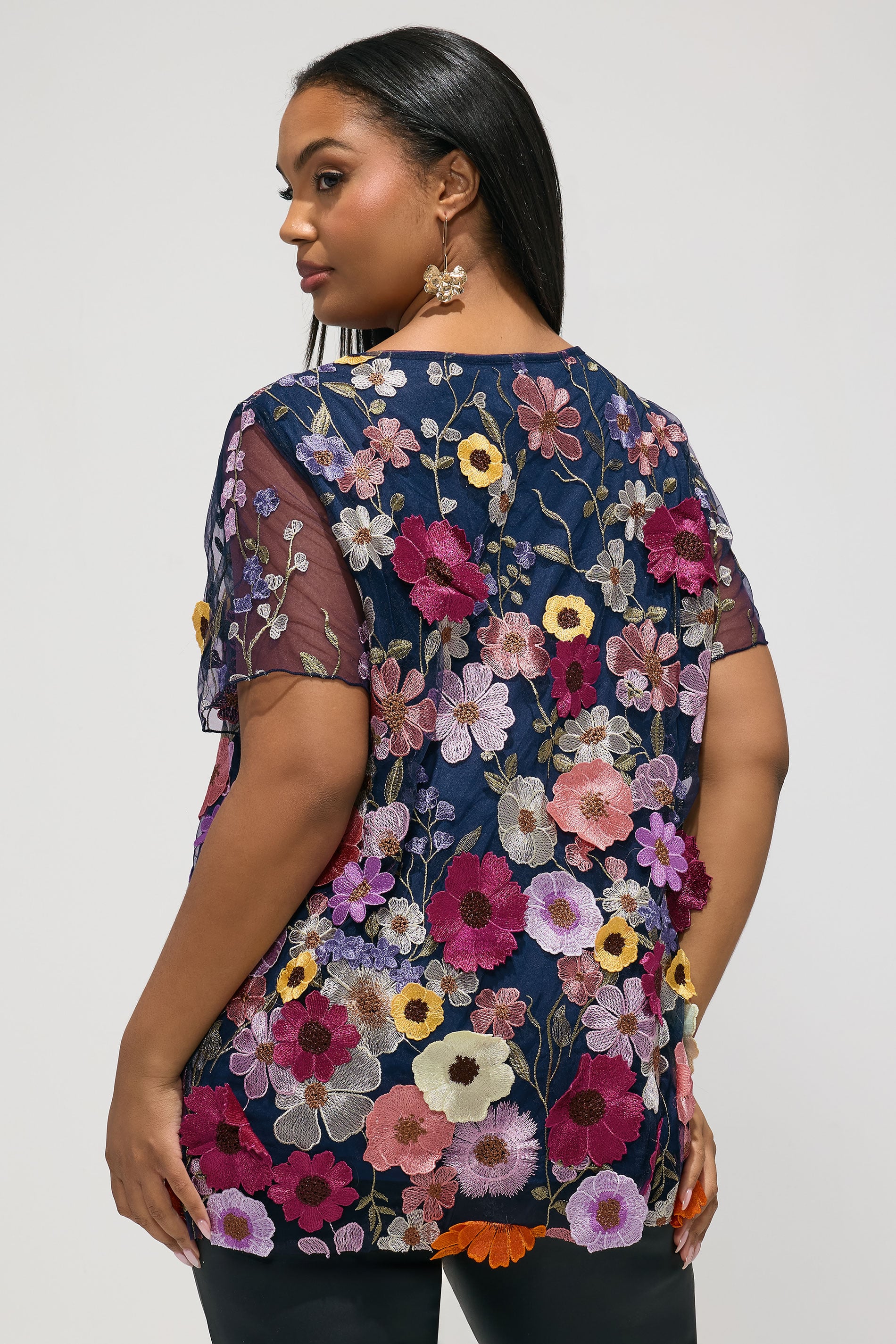 YOURS LONDON Plus Size Navy Blue 3D Floral T-Shirt | Yours Clothing 2