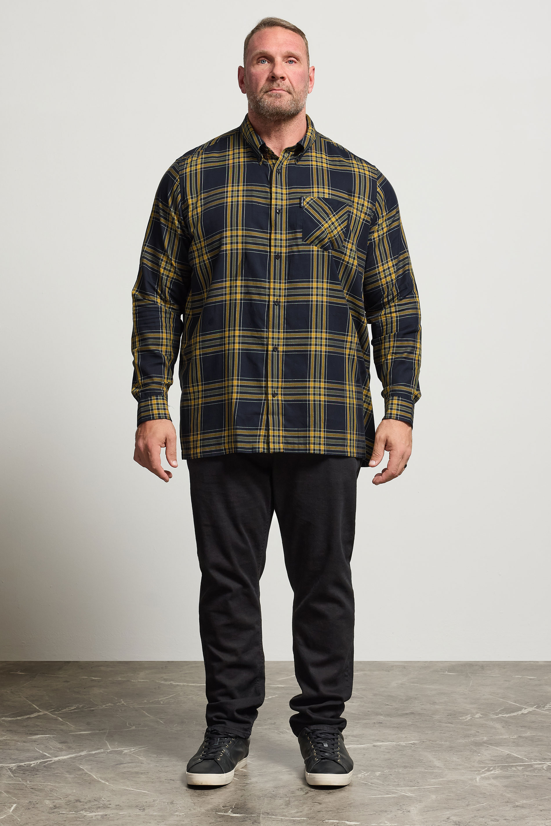 BEN SHERMAN Big & Tall Navy Blue & Yellow Check Shirt | BadRhino 1