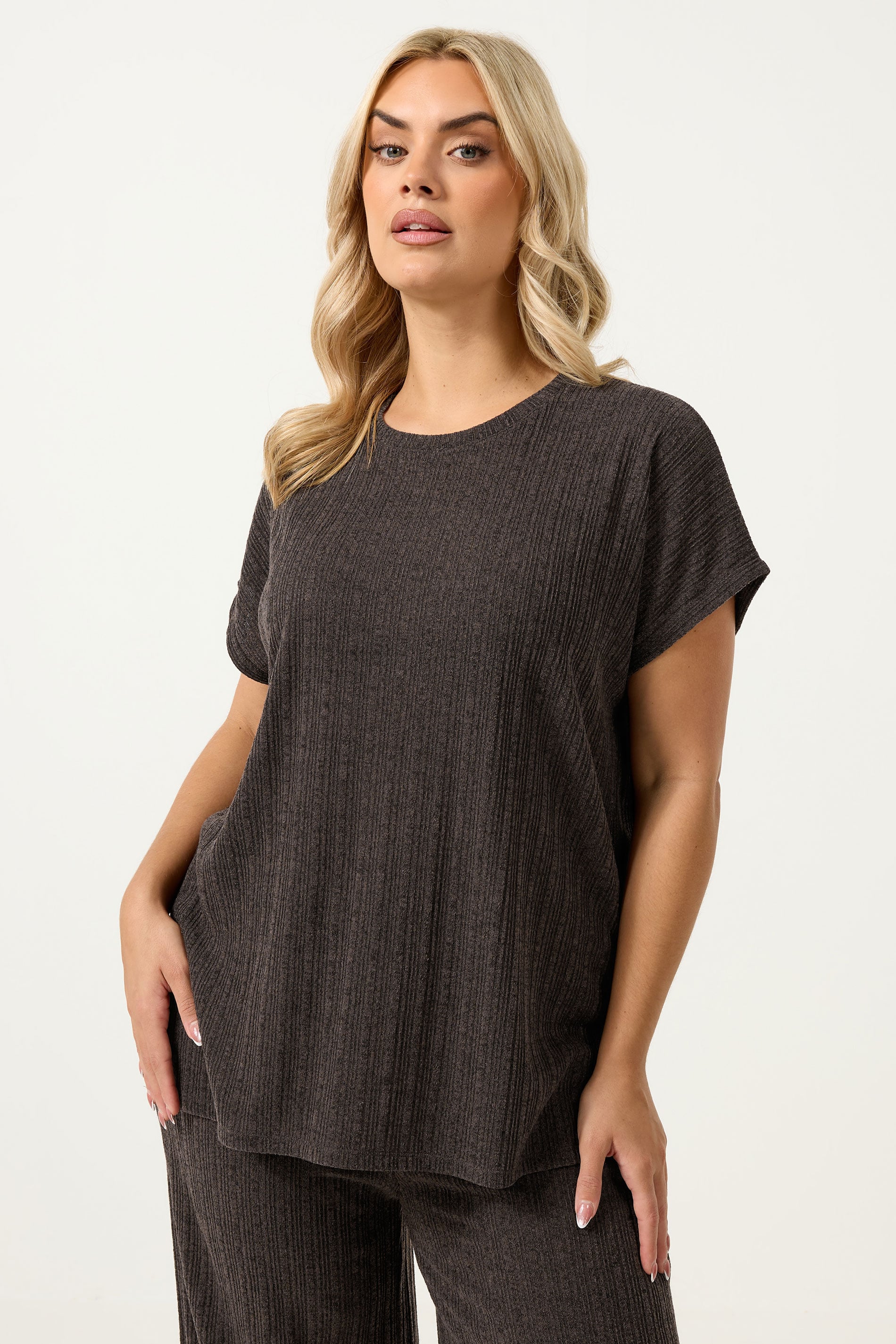 YOURS Plus Size Chocolate Brown Knitted T-Shirt | Yours Clothing 3