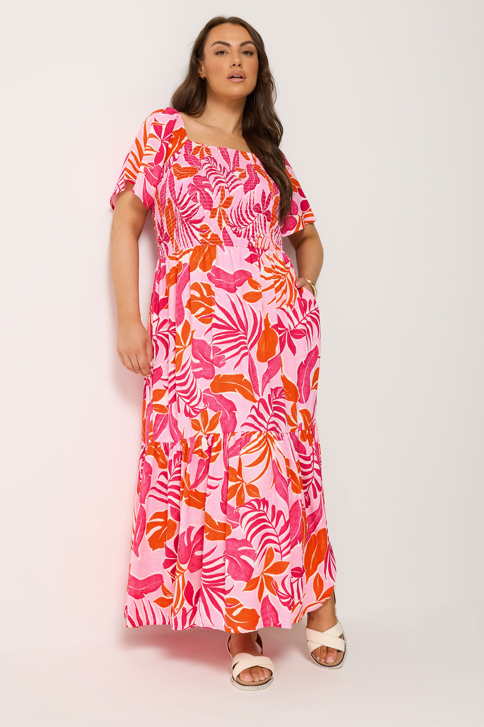 YOURS Plus Size Pink Palm Leaf Shirred Maxi Dress | Yours Clothing 3