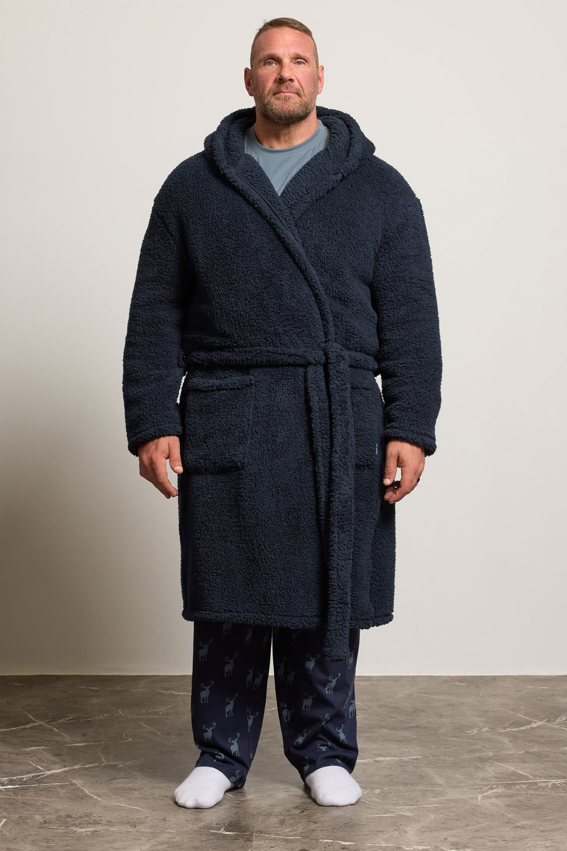 BadRhino Big & Tall Navy Blue Super Soft Borg Dressing Gown | BadRhino 3