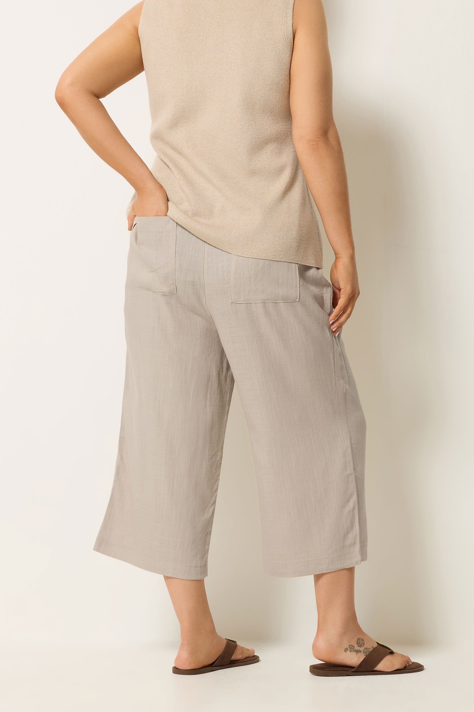 YOURS Plus Size Natural Brown Cropped Wide Leg Linen Trousers | Yours Clothing 4