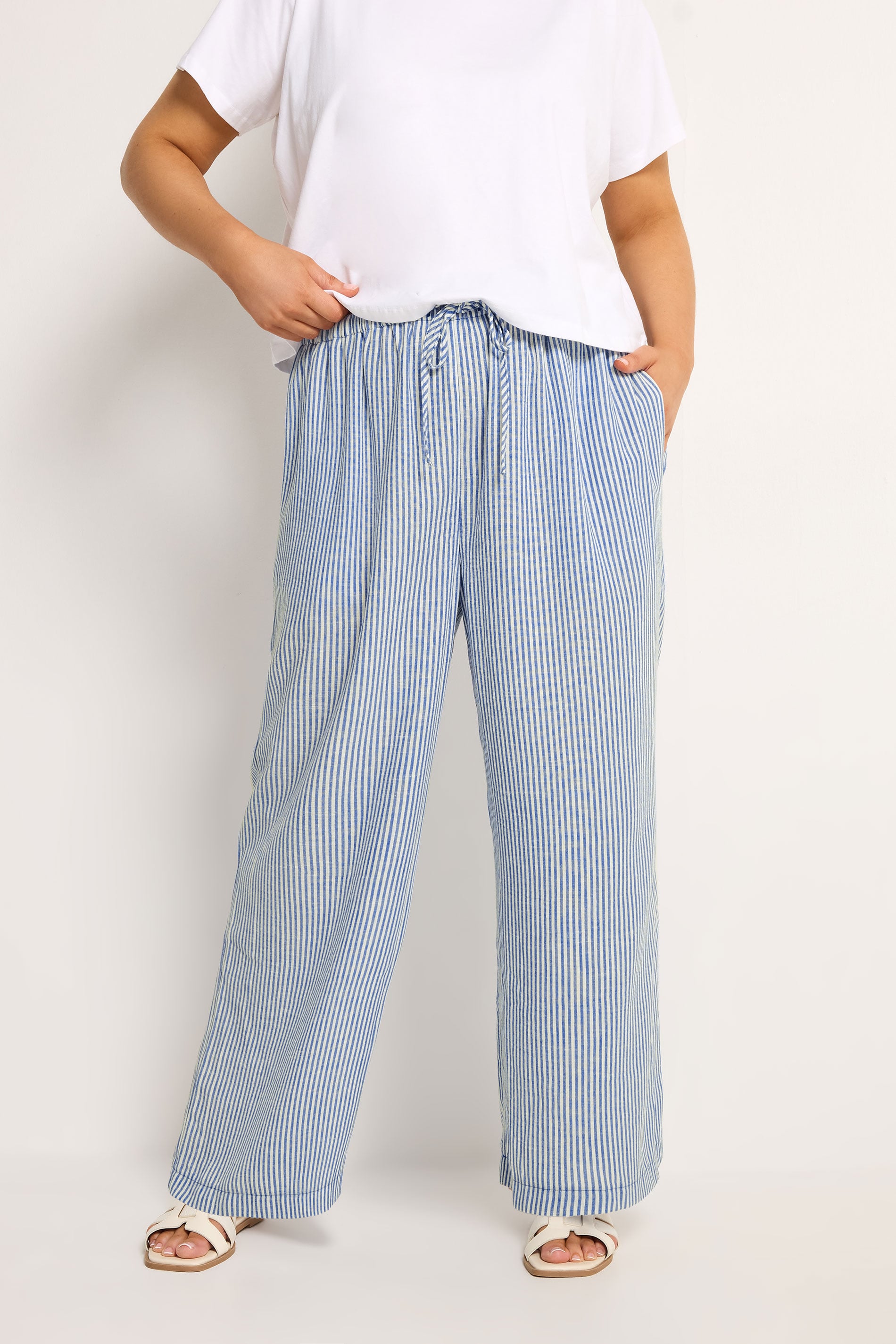YOURS Plus Size Blue Stripe Linen Look Trousers | Yours Clothing 1