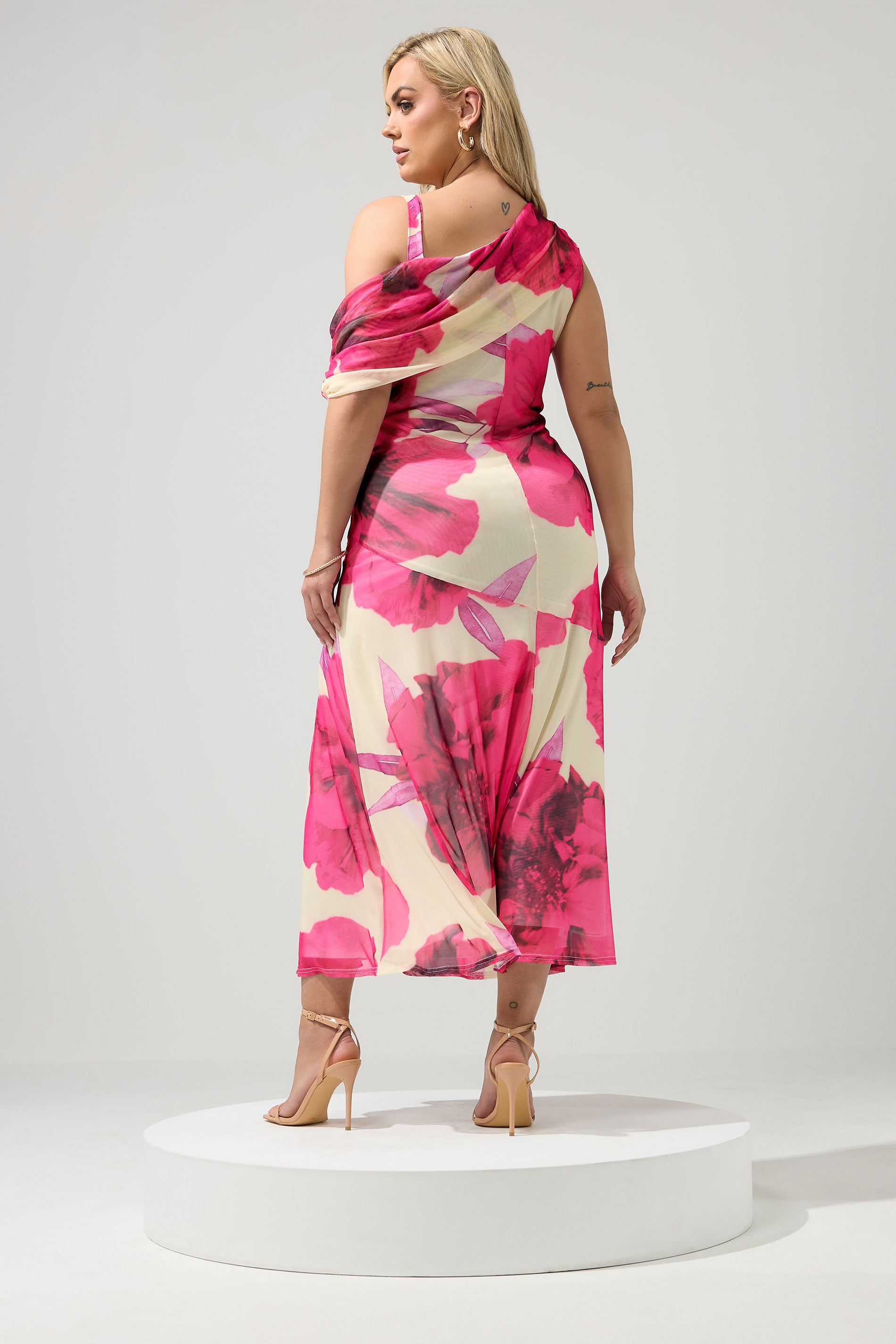YOURS LONDON Plus Size White Blurred Floral Drape Shoulder Dress | Yours Clothing 2
