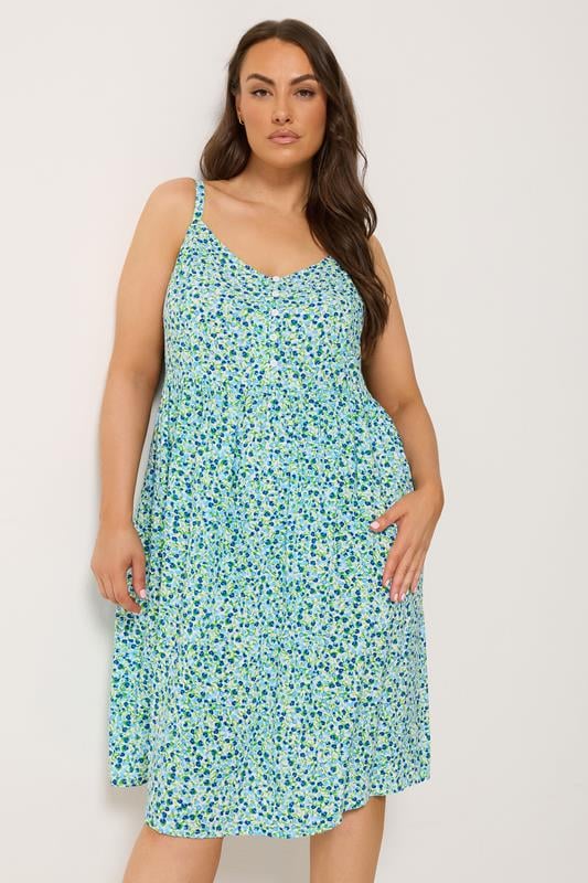 YOURS Plus Size Blue Ditsy Floral Strappy Midi Sundress | Yours Clothing 1