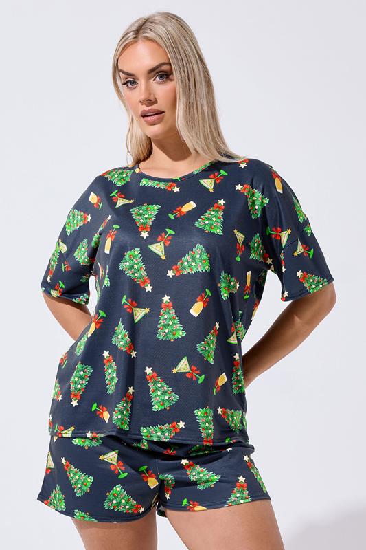 LIMITED COLLECTION Plus Size Navy Blue Christmas Tree Novelty Pyjama Set | Yours Clothing 1