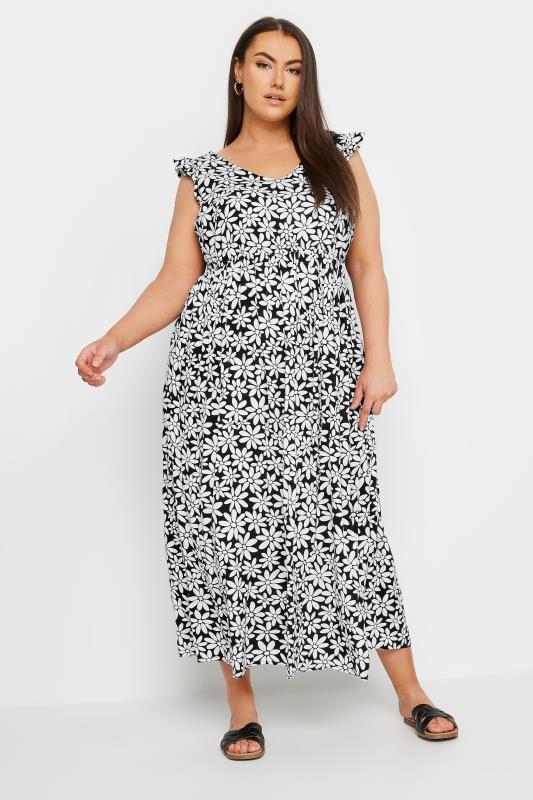 YOURS Plus Size Black Floral Print Frill Sleeve Maxi Dress | Yours Clothing 2