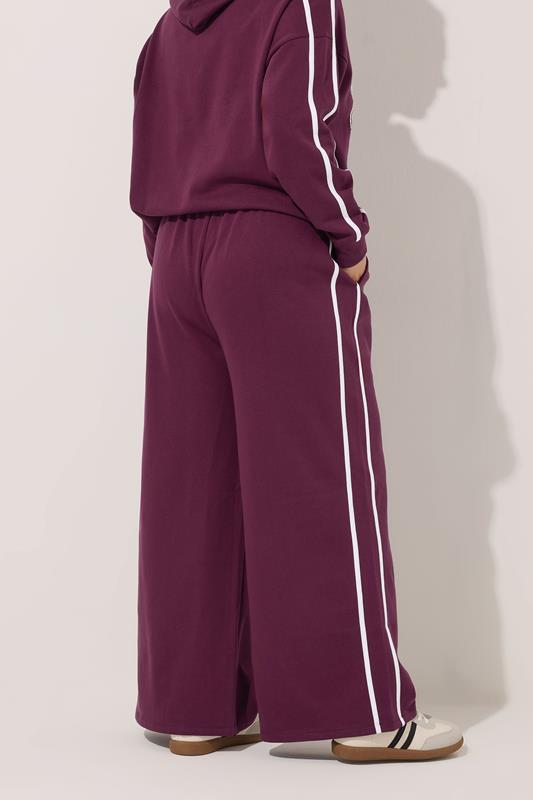 YOURS Plus Size Burgundy Red Side Stripe Wide Leg Joggers | Yours Clothing 2