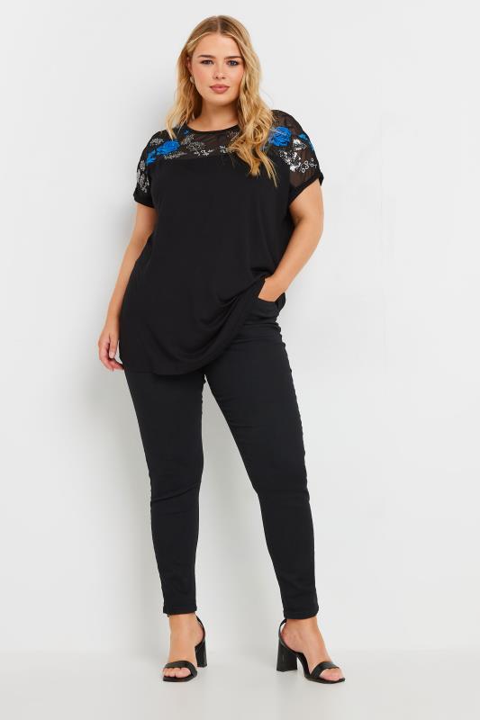 YOURS Plus Size Black & Blue Mesh Embellished Swing Top | Yours Clothing  3