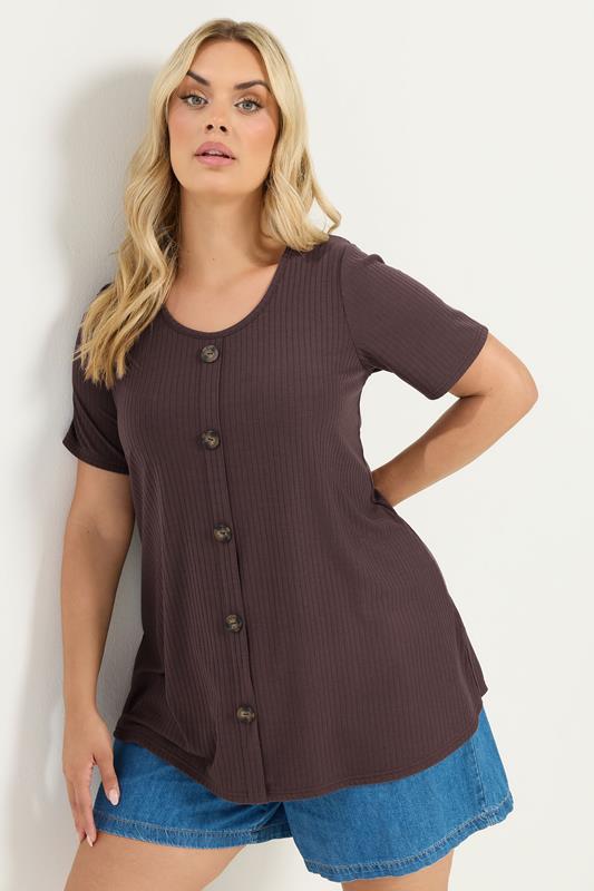 YOURS Plus Size Brown Ribbed Short Sleeve T-Shirt | Yours Clothing 1