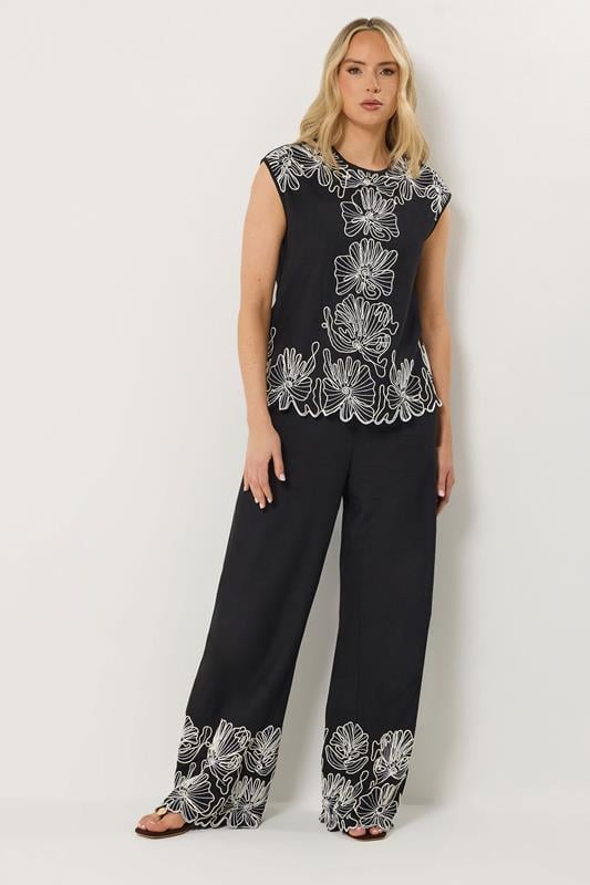 LTS Tall Set Black Floral Embroidered Linen Top & Trousers