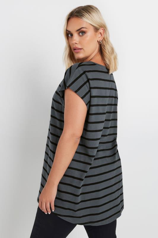 YOURS Plus Size Charcoal Grey Stripe Grown On Sleeve T-Shirt | Yours Clothing  5