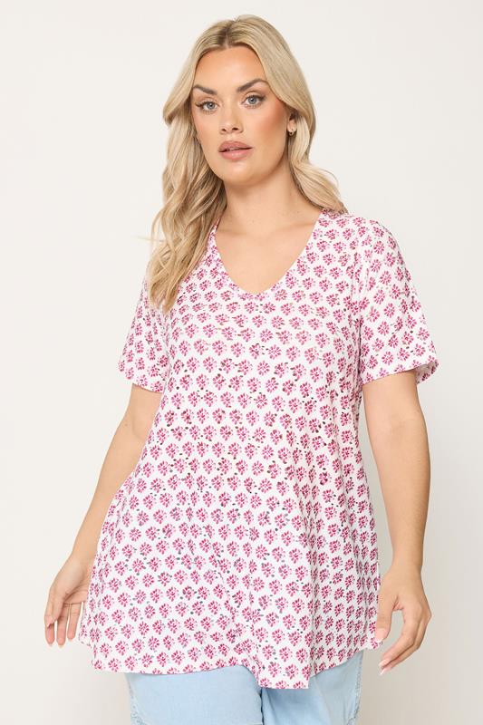 YOURS Curve White & Pink Broderie Swing Top