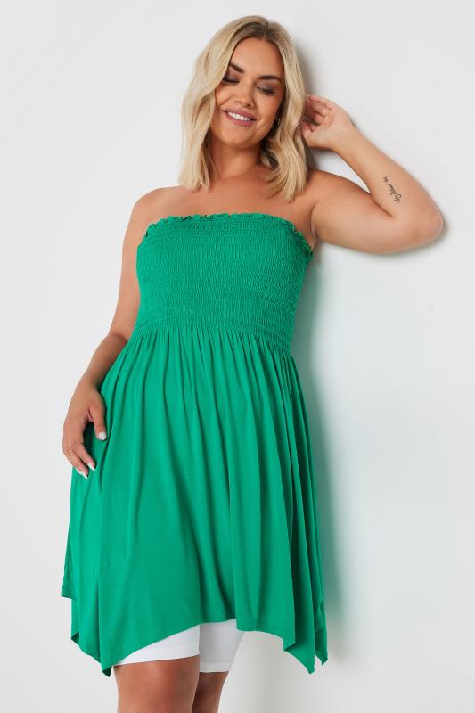 YOURS Plus Size Green Shirred Bandeau Longline Top | Yours Clothing 1