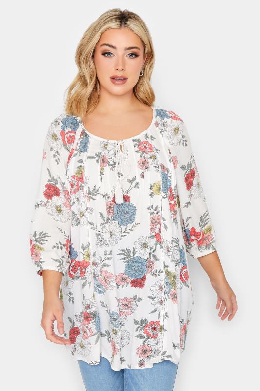 YOURS Plus Size White Floral Tie Front Top | Yours Clothing 1