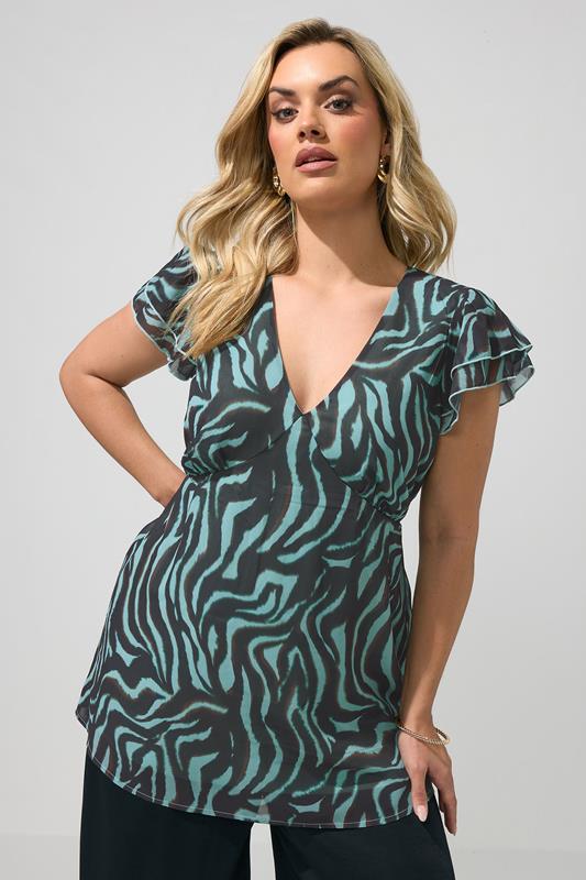  YOURS LONDON Curve Teal Blue Zebra Print Top