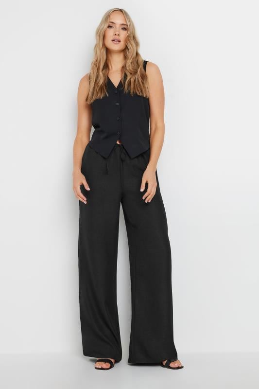 LTS Tall Black Textured Drawstring Wide Leg Trousers | Long Tall Sally 1