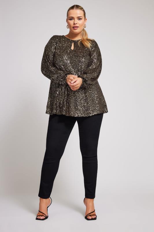 YOURS LONDON Plus Size Gold Sequin Keyhole Top | Yours Clothing 3