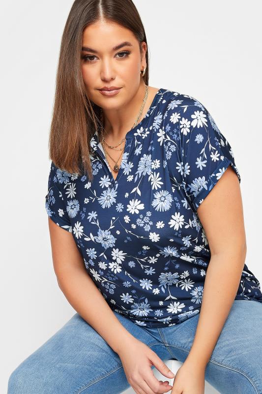 YOURS Curve Plus Size Navy Blue Floral V-Neck Blouse | Yours Clothing  4