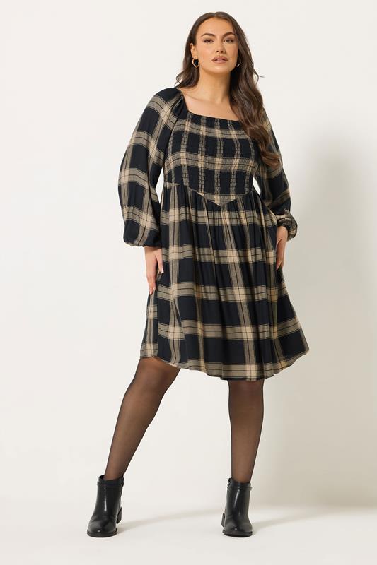 YOURS Plus Size Black & Brown Check Shirred Mini Dress | Yours Clothing 1