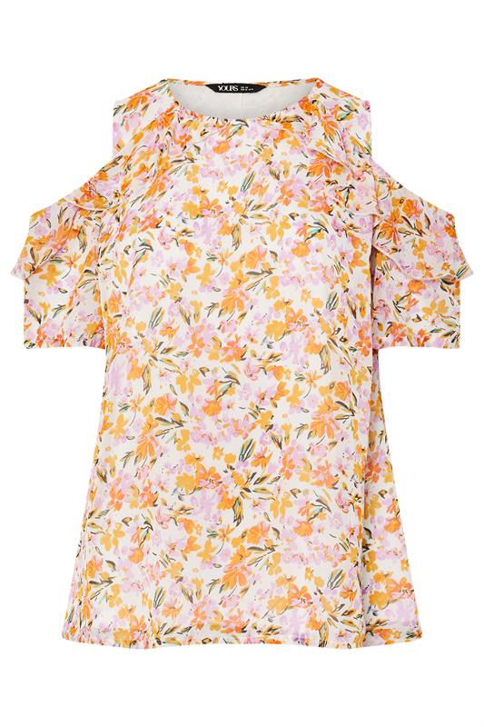 YOURS Plus Size Pink Floral Print Cold Shoulder Frill Blouse | Yours Clothing 5