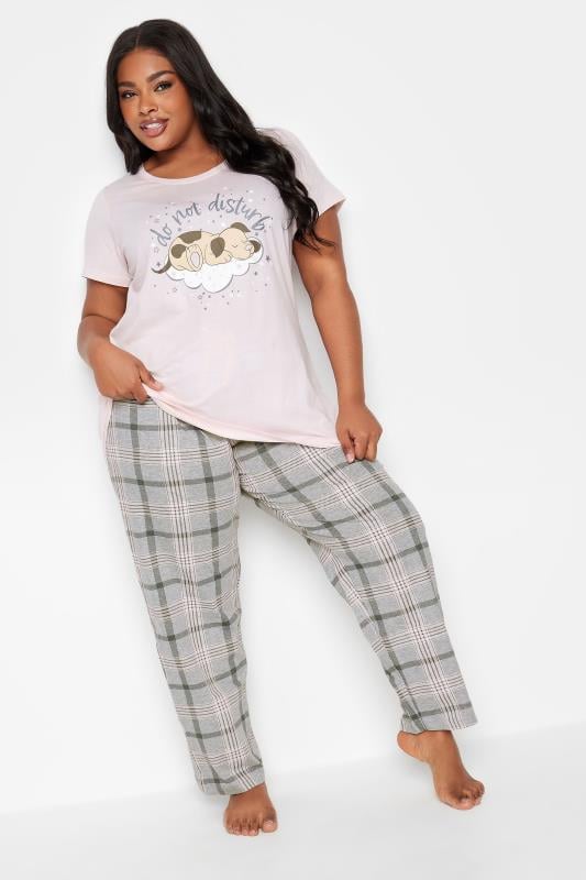 YOURS Plus Size Pink 'Do Not Disturb' Check Pyjama Set | Yours Clothing 1