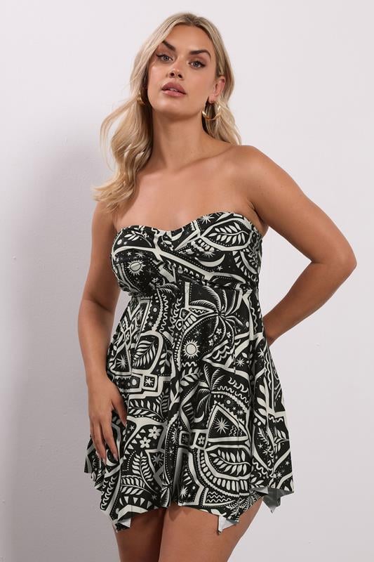YOURS Plus Size Black Postcard Print Hanky Hem Tankini Top | Yours Clothing 2