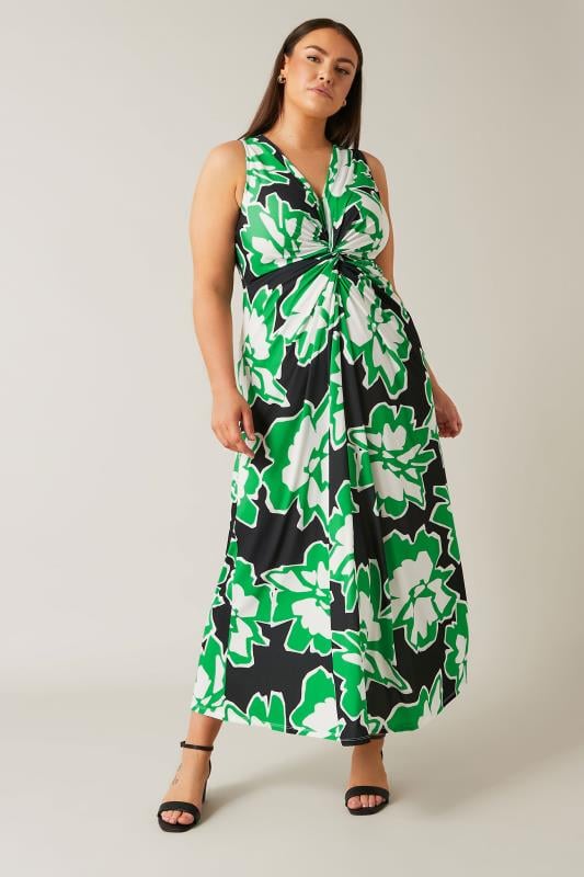 EVANS Plus Size Green Abstract Floral Print Twist Front Maxi Dress | Evans 4