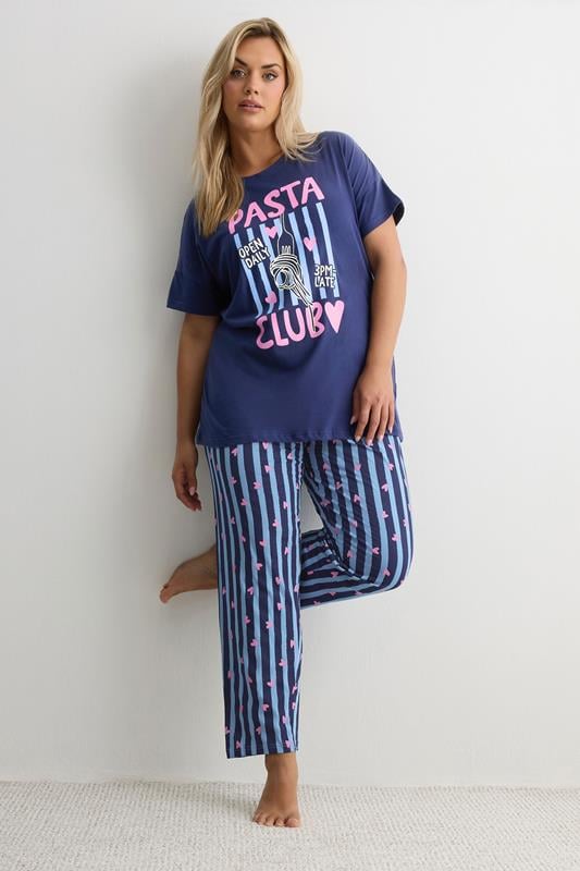  YOURS Curve Navy Blue 'Pasta Club' Wide Leg Striped Pyjama Set