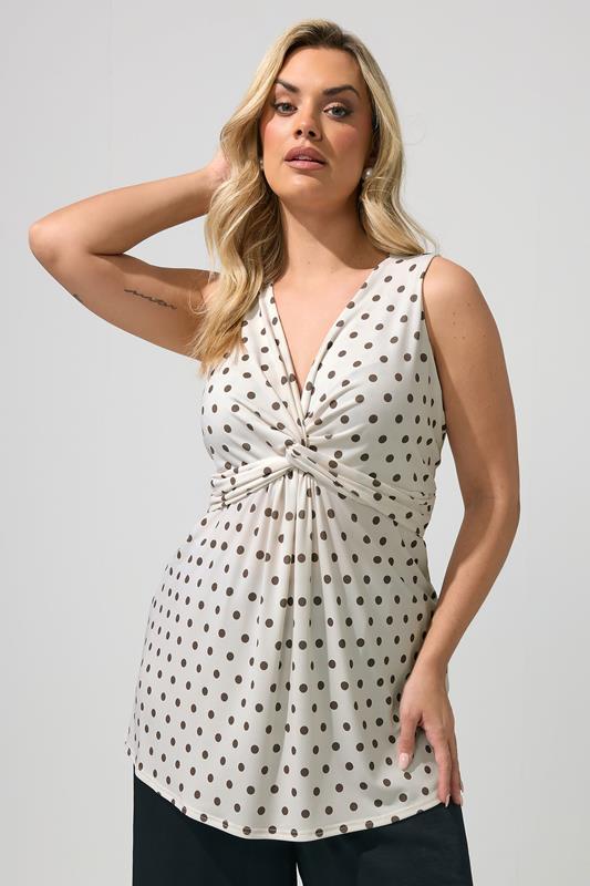  YOURS LONDON Curve Ivory White Polka Dot Knot Front Top