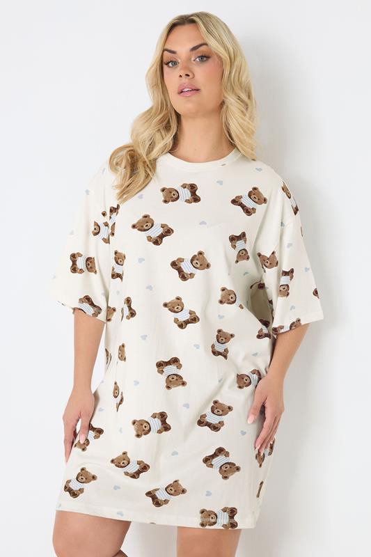  YOURS Curve Ivory White Teddy Print Sleep Tee Nightdress