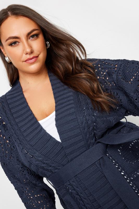 YOURS Plus Size Navy Blue Pointelle Belted Cardigan | Yours Clothing 4