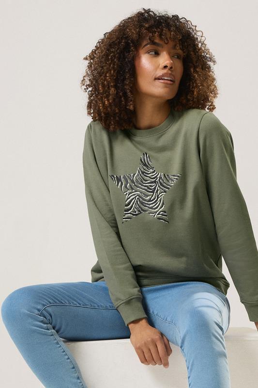 Women's  M&Co Khaki Green Zebra Star Print Sweatshirt