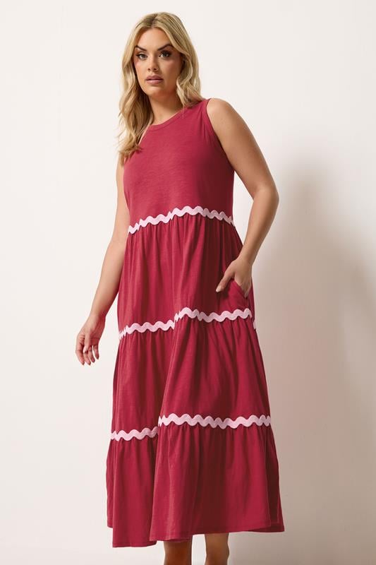 YOURS Plus Size Red Swirl Trim Tiered Maxi Dress | Yours Clothing 1