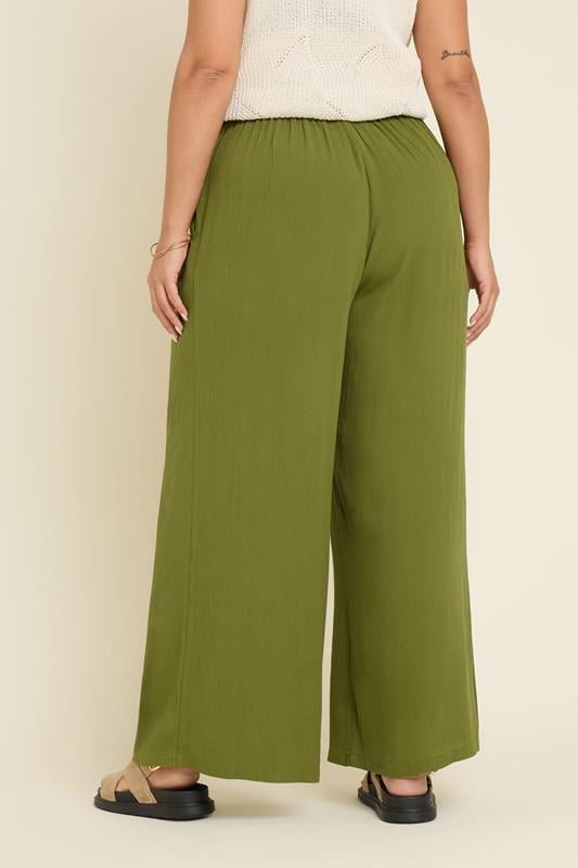 YOURS Plus Size Green Tie Waist Crinkle Wide Leg Trousers | Yours Clothing 3