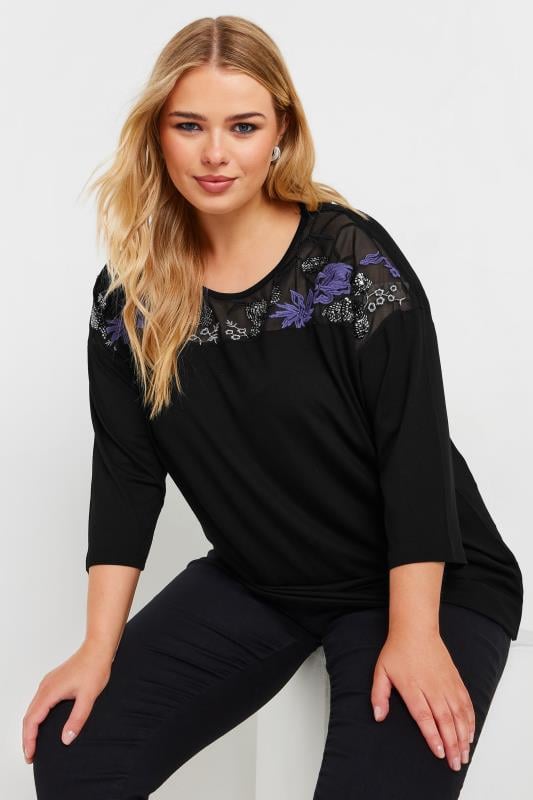 YOURS Plus Size Black & Purple Mesh Embellished Swing Top | Yours Clothing  1