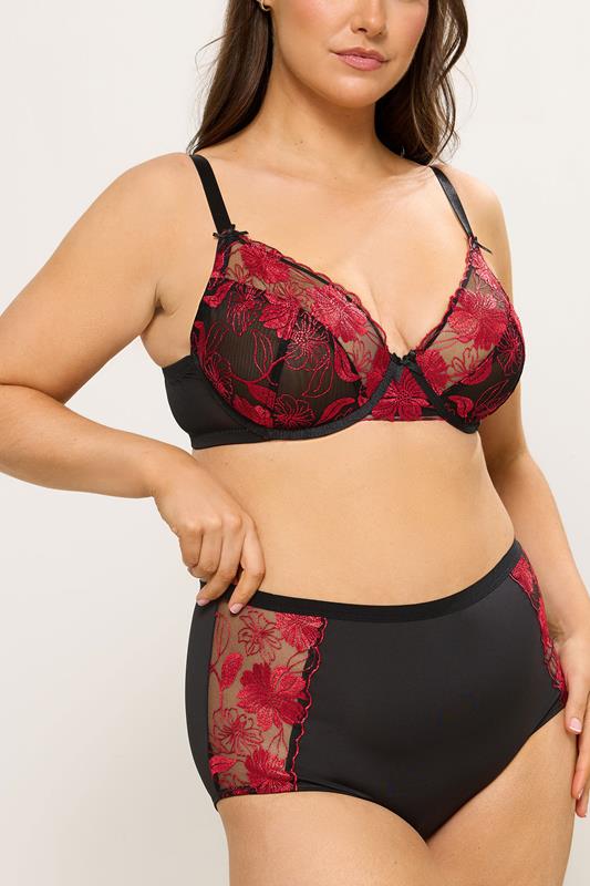  YOURS Curve Black & Red Floral Embroidered Full Brief