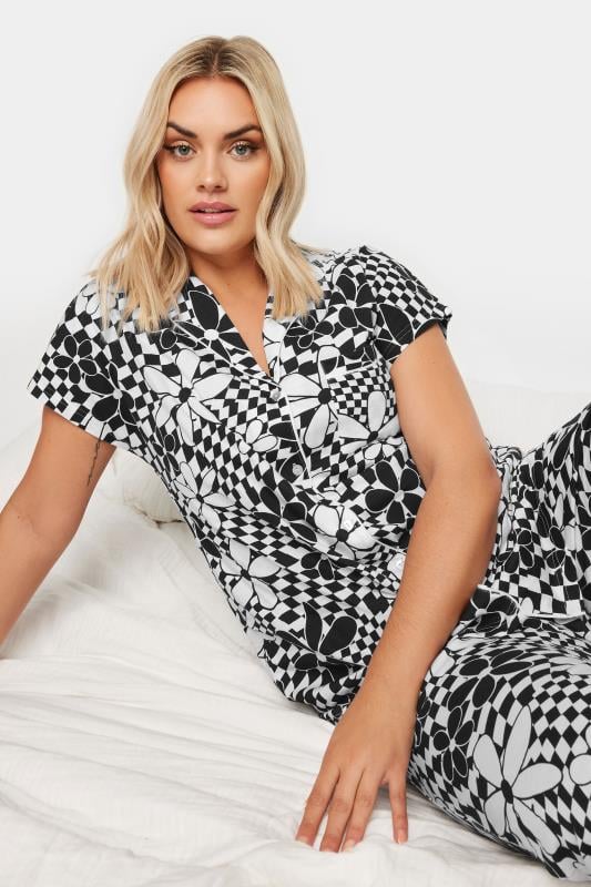 YOURS Plus Size Black Retro Floral Print Button Through Pyjama Set | Yours Clothing 2