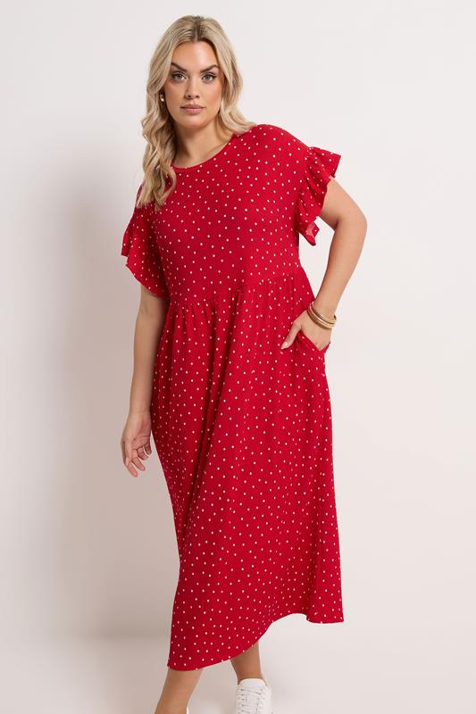 YOURS Plus Size Red Polka Dot Midaxi Dress | Yours Clothing 1