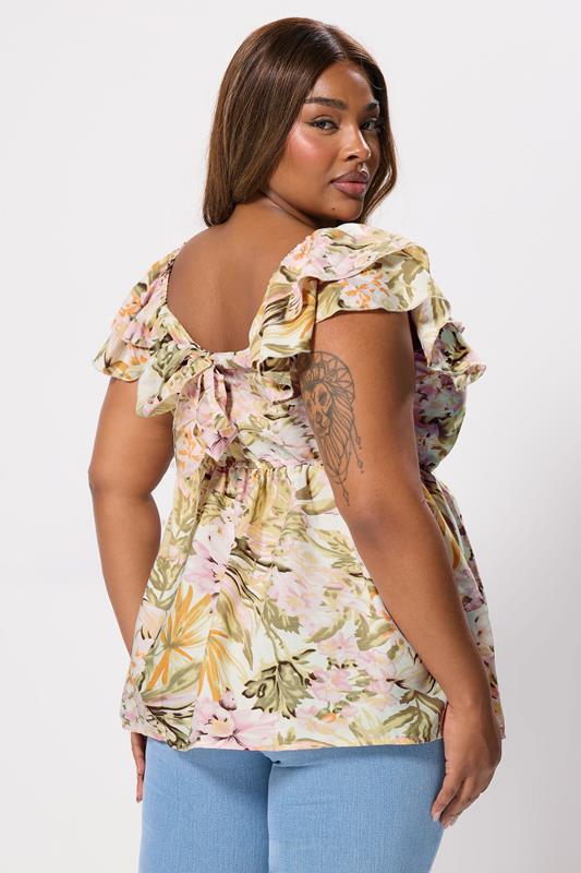 YOURS Plus Size Natural Brown Floral Bow Back Top | Yours Clothing 1