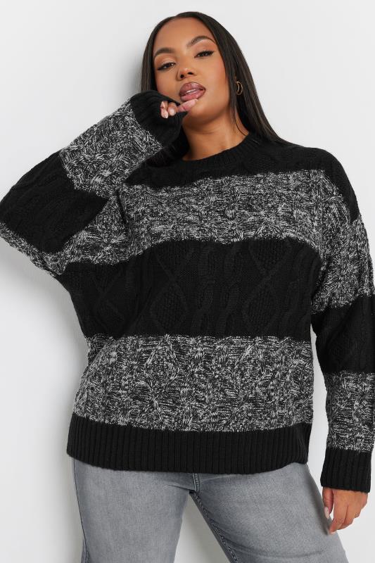 YOURS Plus Size Black & Grey Stripe Cable Twist Jumper | Yours Clothing 2