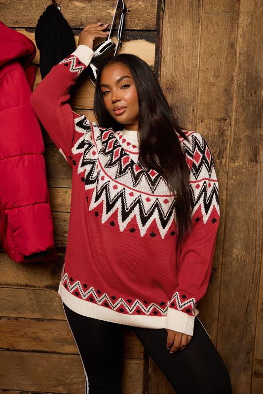 YOURS Plus Size Red Fairisle Knitted Jumper | Yours Clothing 1