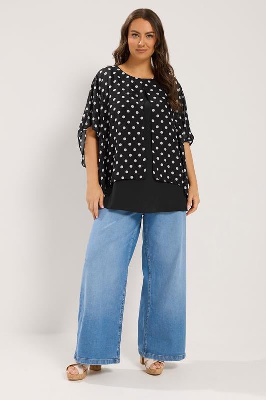 YOURS Plus Size Black Polka Dot Double Layer Top | Yours Clothing 1