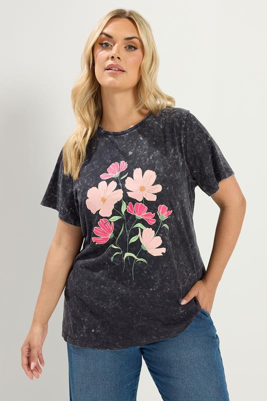  YOURS Curve Grey Acid Wash Flower T-Shirt