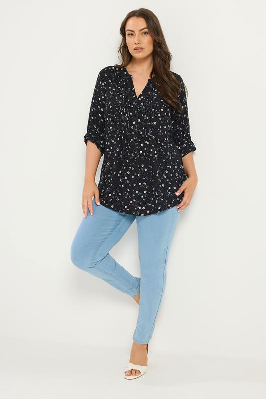 YOURS Plus Size Black Floral Pintuck Top | Yours Clothing 1