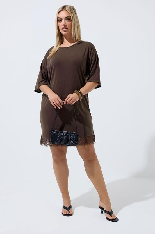 LIMITED COLLECTION Plus Size Brown Lace Trim Mini Dress | Yours Clothing 1