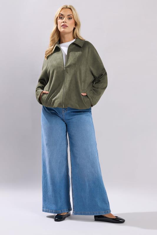 YOURS Plus Size Khaki Green Faux Suede Bomber Jacket | Yours Clothing 6