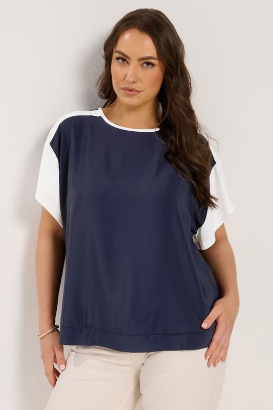 YOURS Curve Blue & White Contrast Sleeve Top