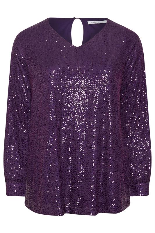 YOURS LONDON Plus Size Purple Sequin V-Neck Top | Yours Clothing 5